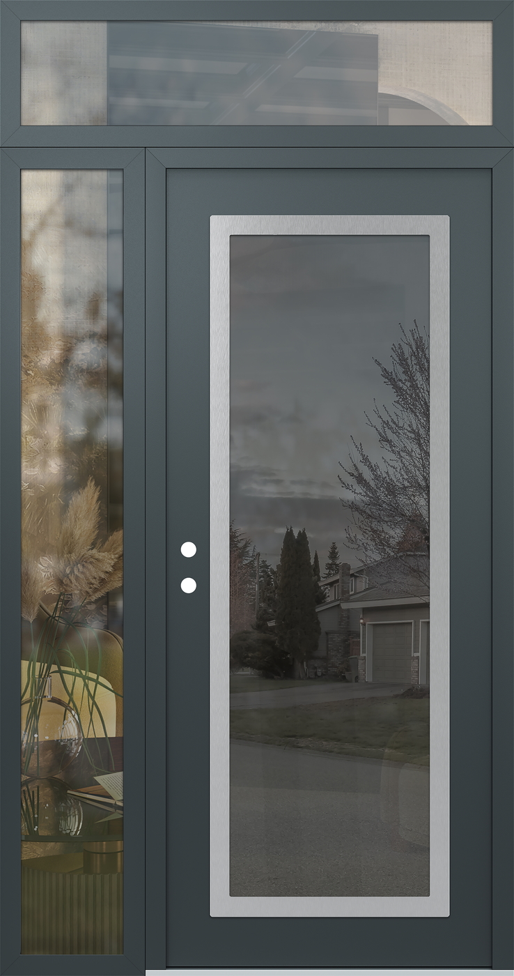 Modern Steel Front Door Diamond C1 50" x 96" anthracite/anthracite mirrored Glass Panel stainless steel RHI with Sidelite and Transom clear Glass