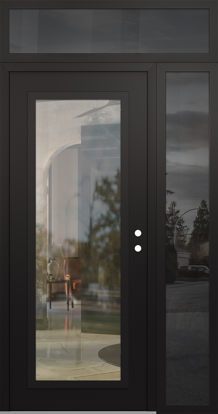 Modern Steel Front Door Diamond C1 50" x 96" black/black clear Glass Panel black LHI with Sidelite and Transom mirrored Glass