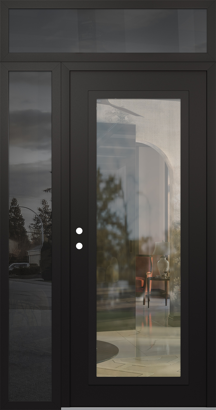Modern Steel Front Door Diamond C1 50" x 96" black/black clear Glass Panel black RHI with Sidelite and Transom mirrored Glass