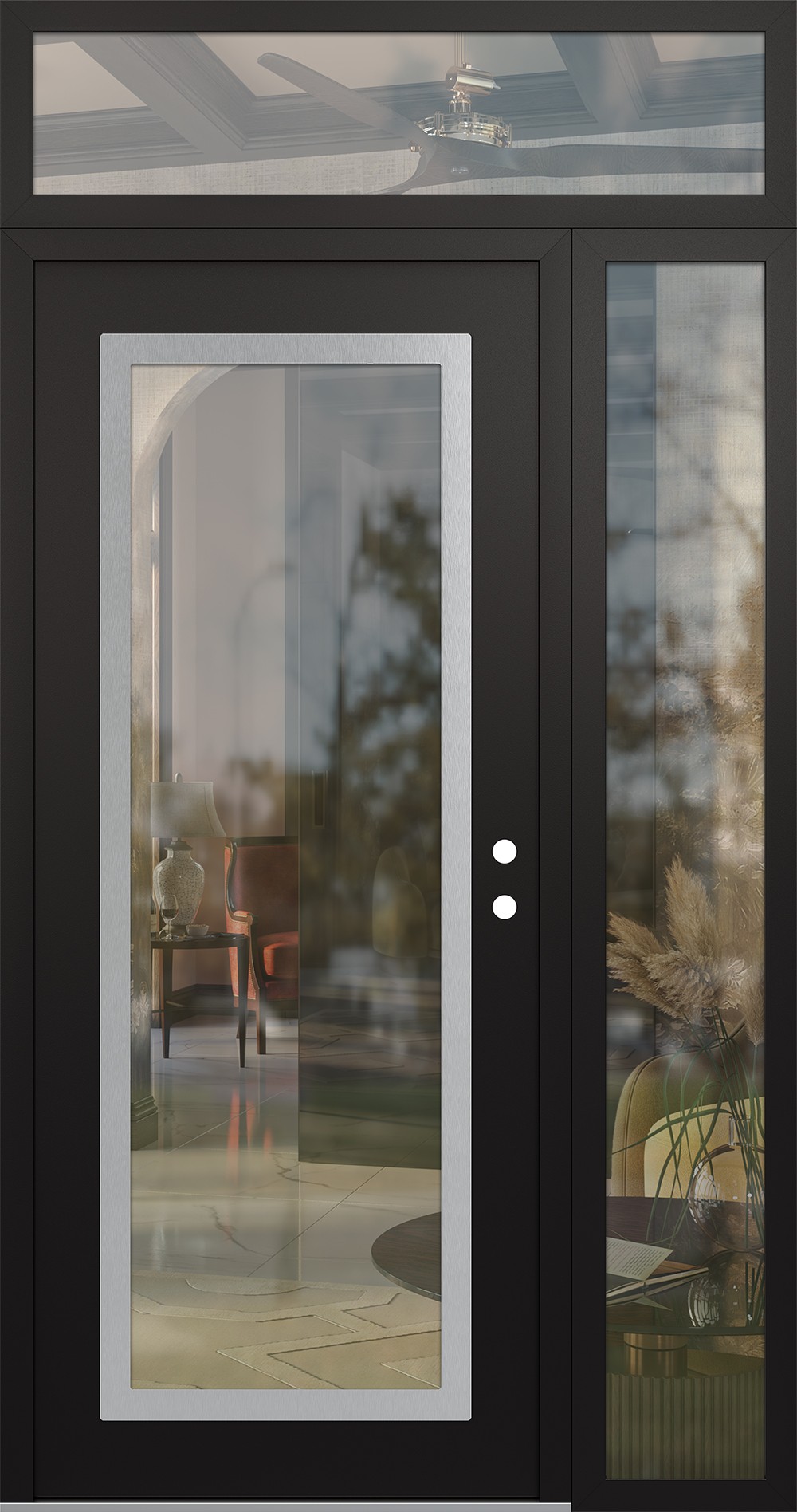 Modern Steel Front Door Diamond C1 50" x 96" black/black clear Glass Panel stainless steel LHI with Sidelite and Transom clear Glass
