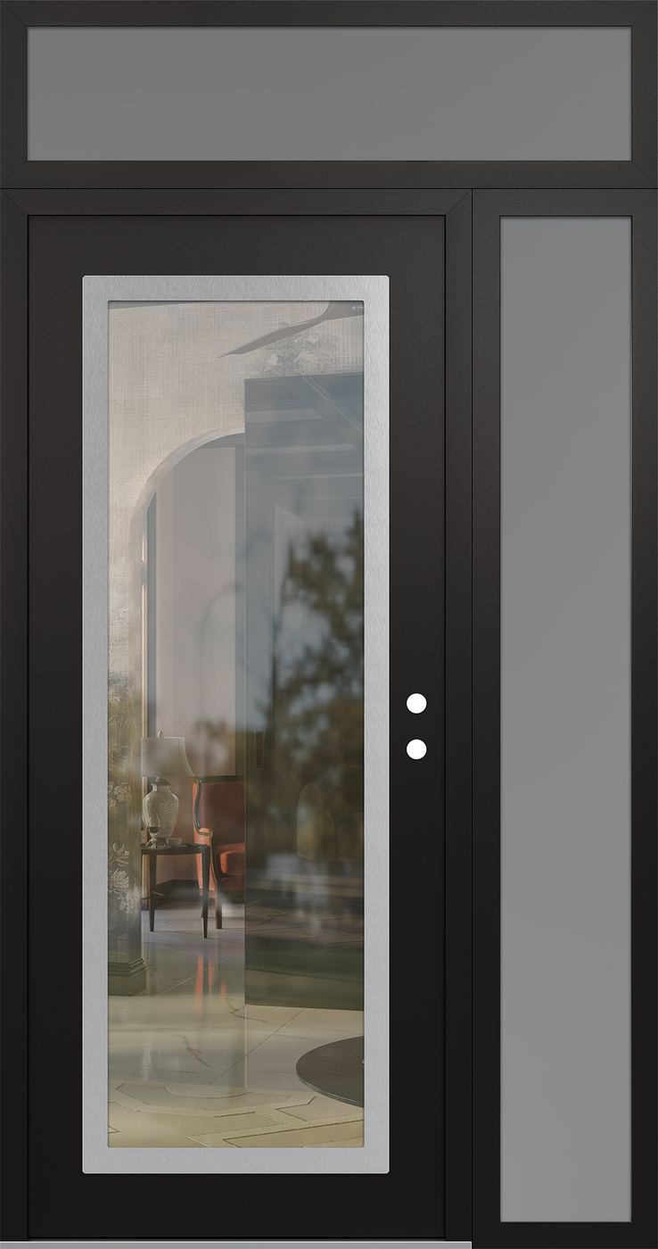 Modern Steel Front Door Diamond C1 50" x 96" black/black clear Glass Panel stainless steel LHI with Sidelite and Transom frosted Glass