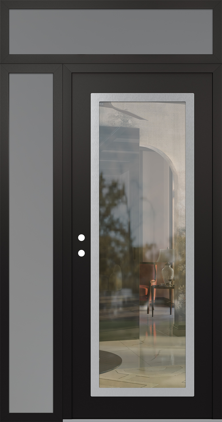 Modern Steel Front Door Diamond C1 50" x 96" black/black clear Glass Panel stainless steel RHI with Sidelite and Transom frosted Glass
