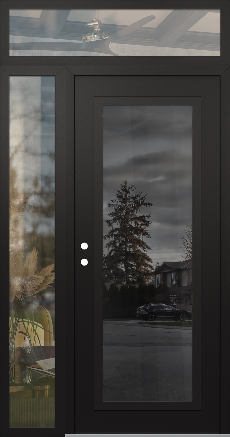 Modern Steel Front Door Diamond C1 50" x 96" black/black mirrored Glass Panel black RHI with Sidelite and Transom clear Glass