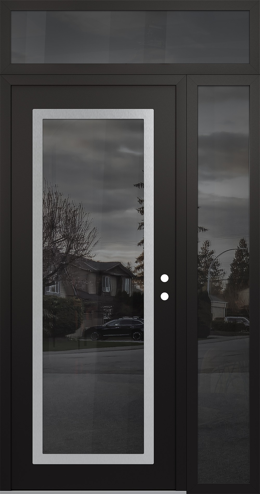 Modern Steel Front Door Diamond C1 50" x 96" black/black mirrored Glass Panel stainless steel LHI with Sidelite and Transom mirrored Glass