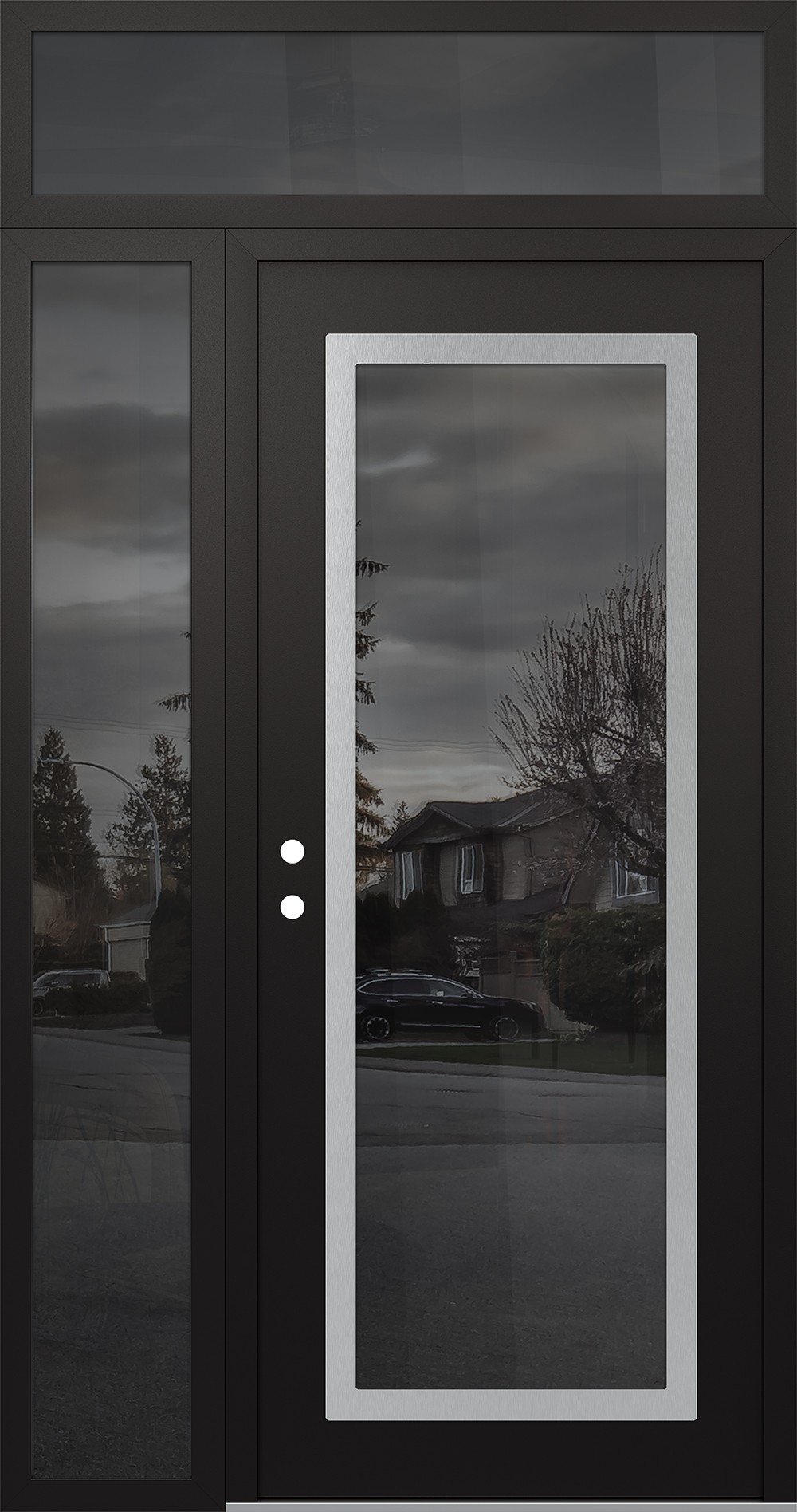 Modern Steel Front Door Diamond C1 50" x 96" black/black mirrored Glass Panel stainless steel RHI with Sidelite and Transom mirrored Glass