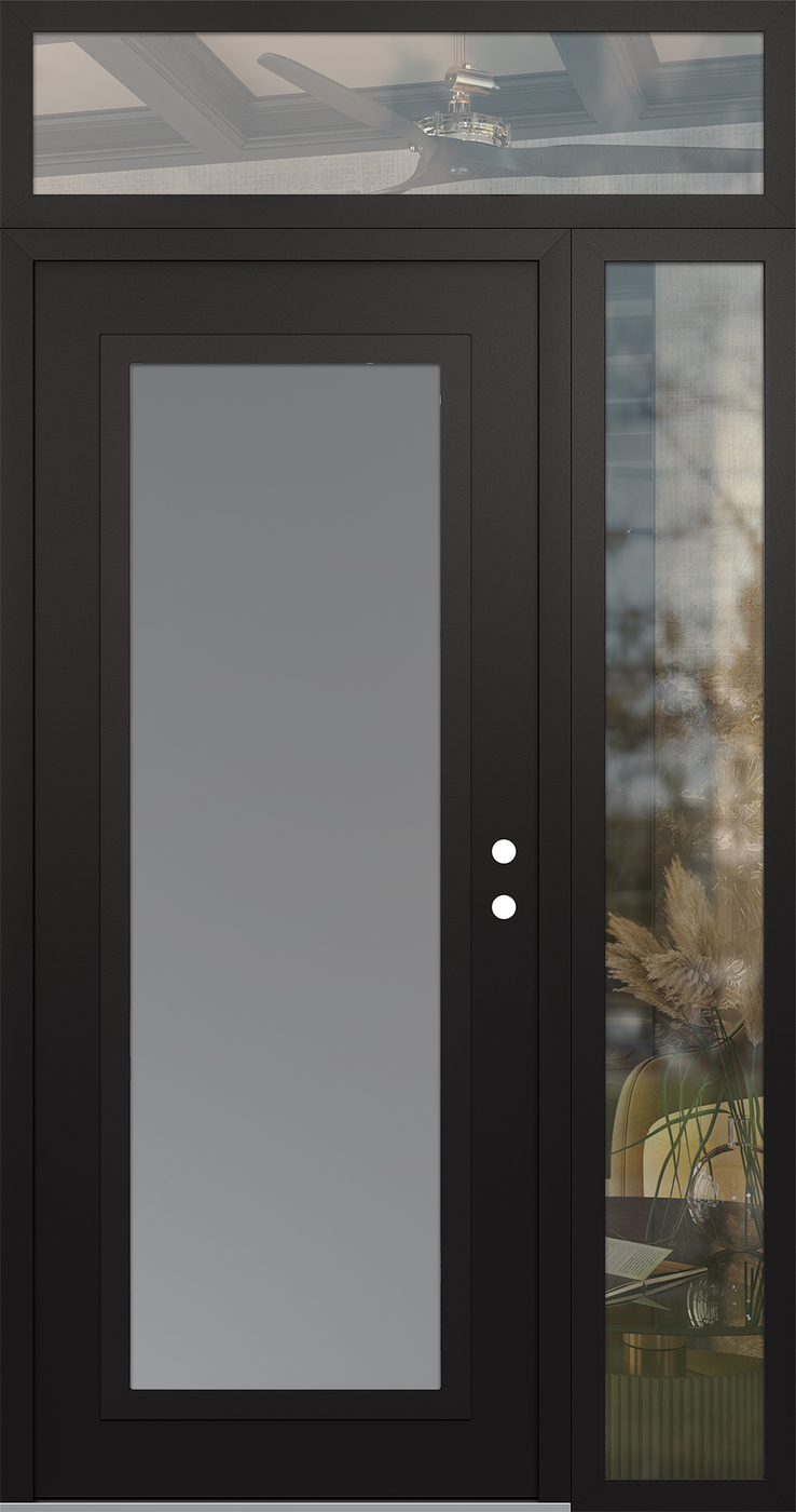 Modern Steel Front Door Diamond C1 50" x 96" black/white frosted Glass Panel black LHI with Sidelite and Transom clear Glass