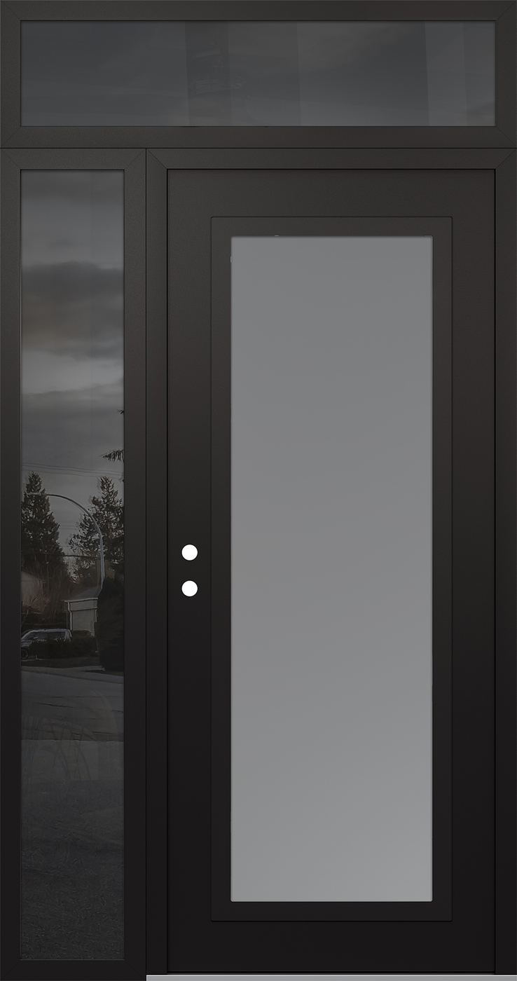 Modern Steel Front Door Diamond C1 50" x 96" black/white frosted Glass Panel black RHI with Sidelite and Transom mirrored Glass
