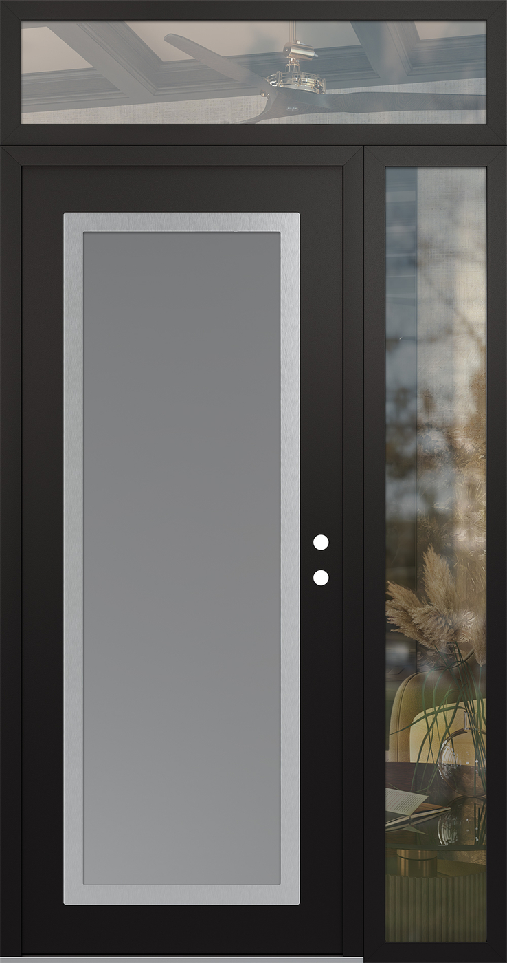 Modern Steel Front Door Diamond C1 50" x 96" black/white frosted Glass Panel stainless steel LHI with Sidelite and Transom clear Glass