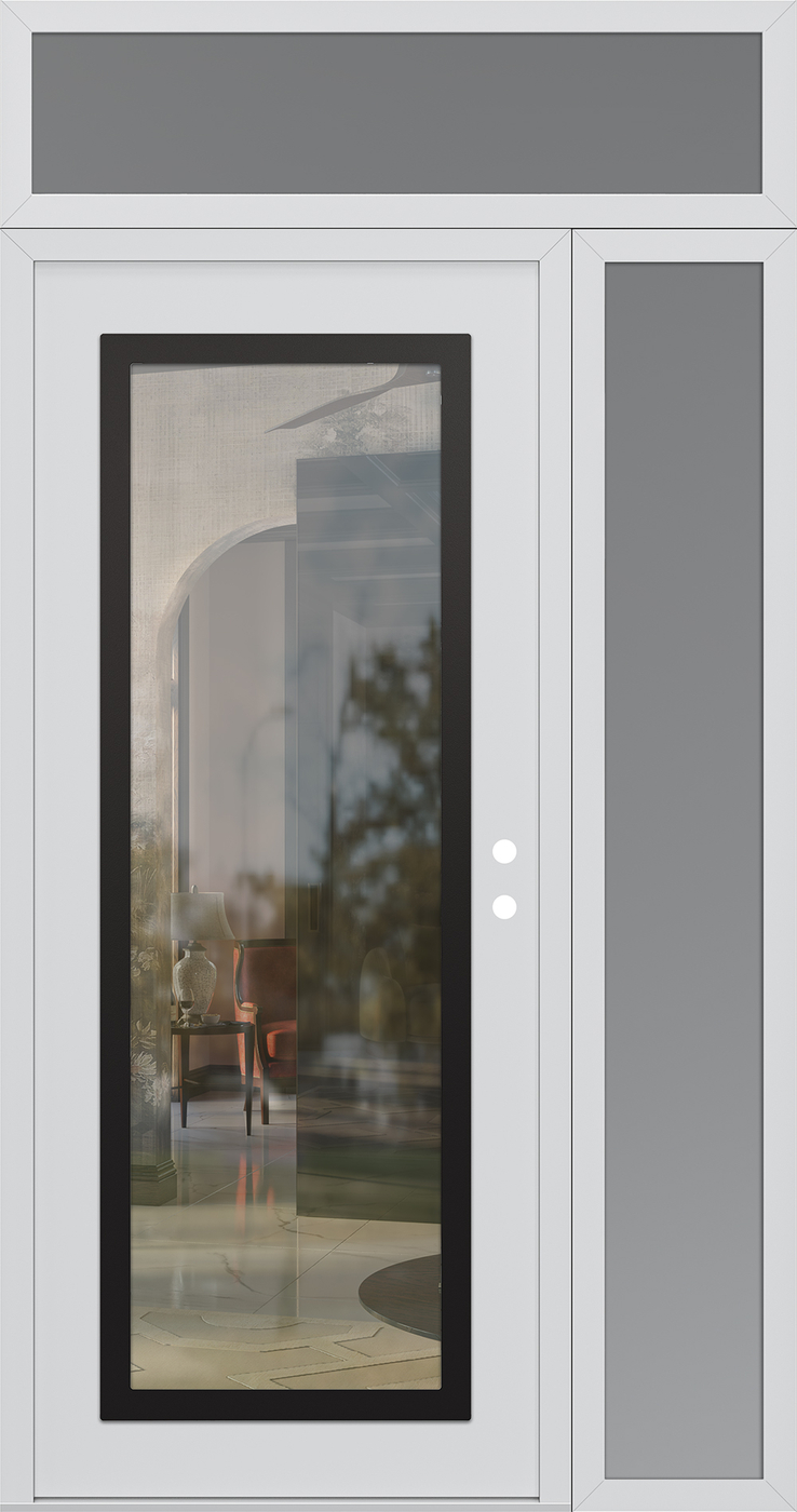 Modern Steel Front Door Diamond C1 50" x 96" white/white clear Glass Panel black LHI with Sidelite and Transom frosted Glass