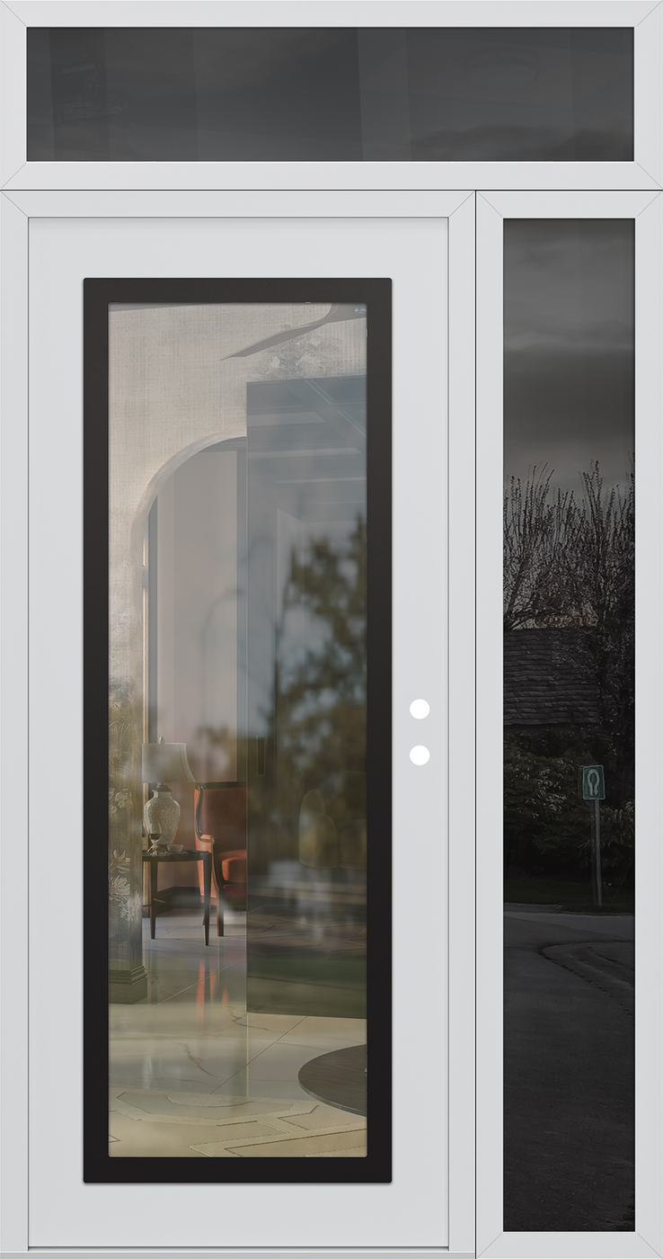 Modern Steel Front Door Diamond C1 50" x 96" white/white clear Glass Panel black LHI with Sidelite and Transom mirrored Glass
