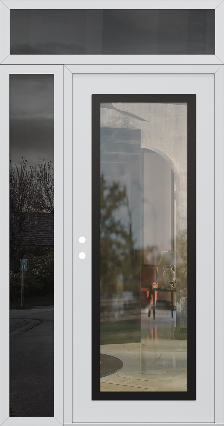 Modern Steel Front Door Diamond C1 50" x 96" white/white clear Glass Panel black RHI with Sidelite and Transom mirrored Glass