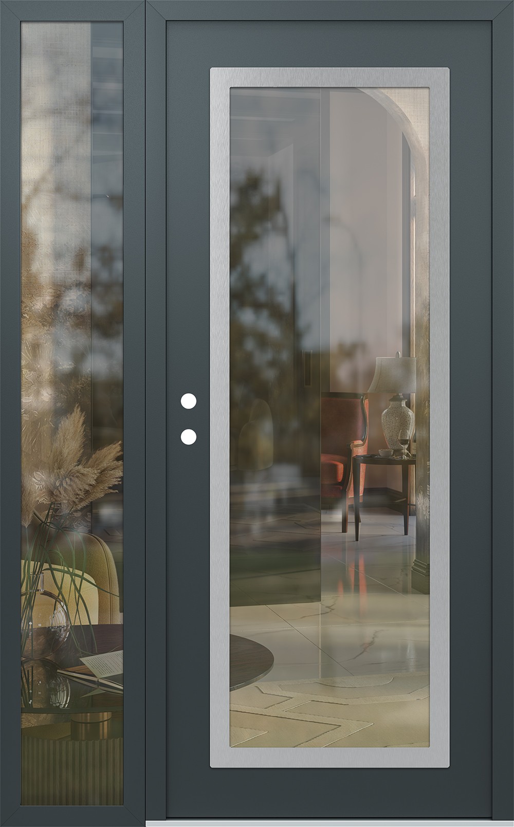 Modern Steel Front Door Diamond C1 52" x 80" anthracite/anthracite clear Glass Panel stainless steel RHI with Sidelite clear Glass