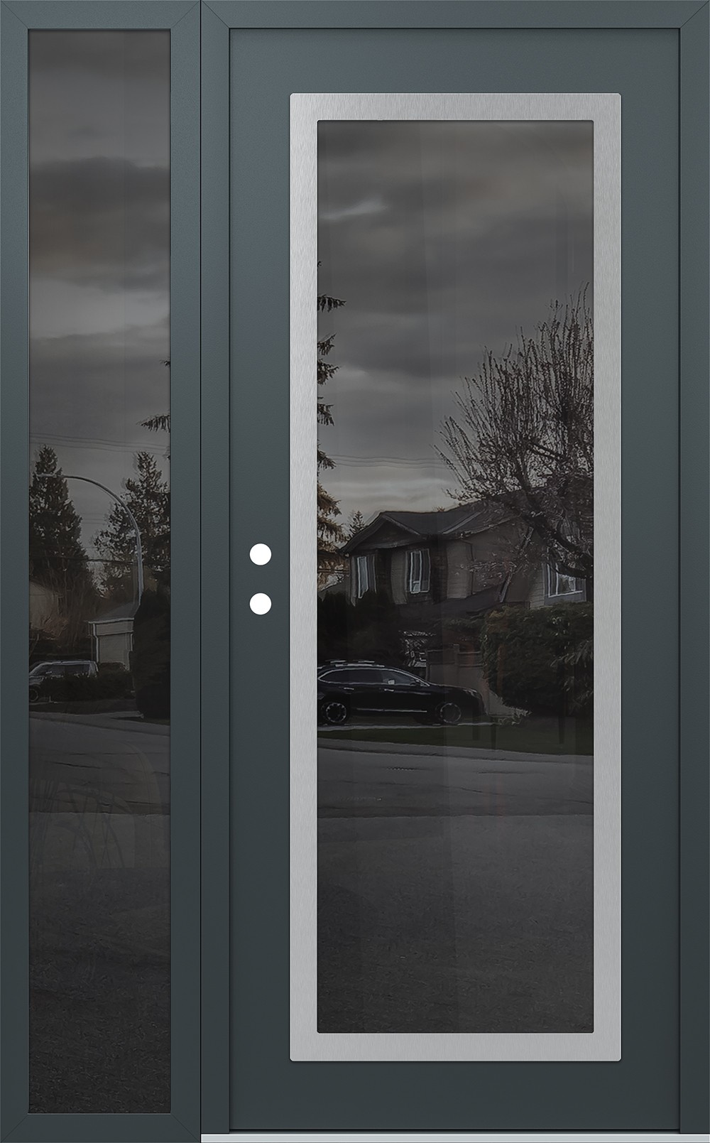 Modern Steel Front Door Diamond C1 52" x 80" anthracite/anthracite mirrored Glass Panel stainless steel RHI with Sidelite mirrored Glass
