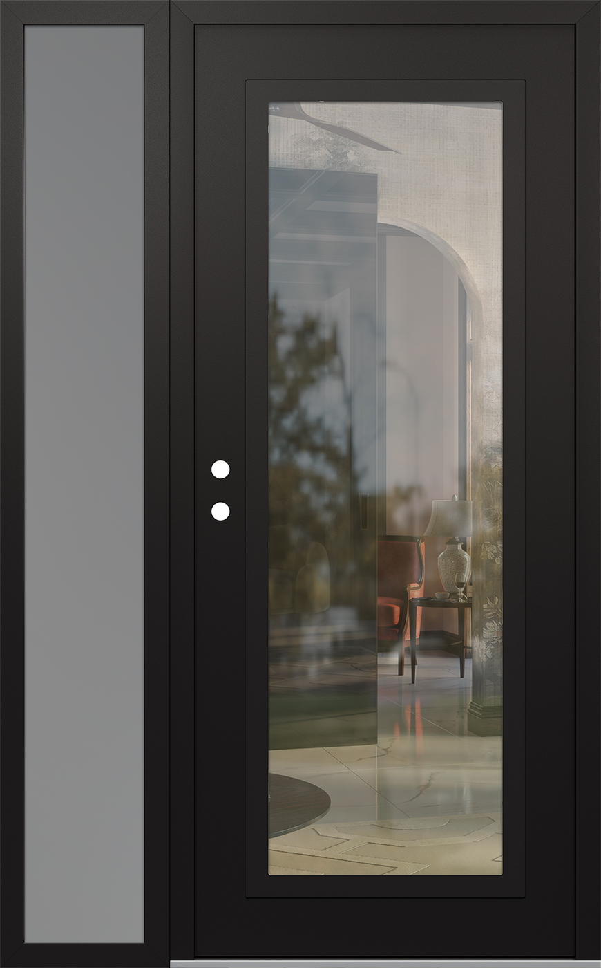 Modern Steel Front Door Diamond C1 52" x 80" black/black clear Glass Panel black RHI with Sidelite frosted Glass