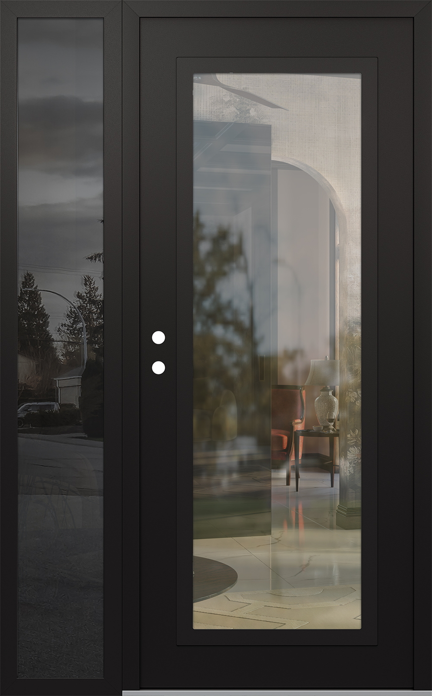 Modern Steel Front Door Diamond C1 52" x 80" black/black clear Glass Panel black RHI with Sidelite mirrored Glass
