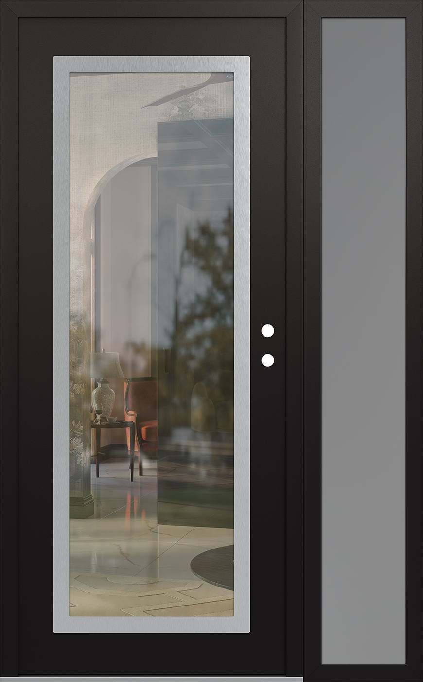 Modern Steel Front Door Diamond C1 52" x 80" black/black clear Glass Panel stainless steel LHI with Sidelite frosted Glass