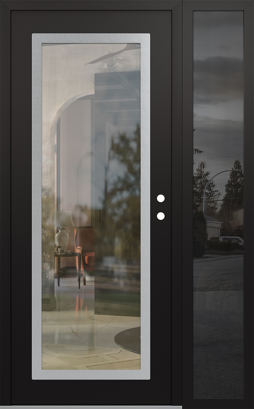 Modern Steel Front Door Diamond C1 52" x 80" black/black clear Glass Panel stainless steel LHI with Sidelite mirrored Glass