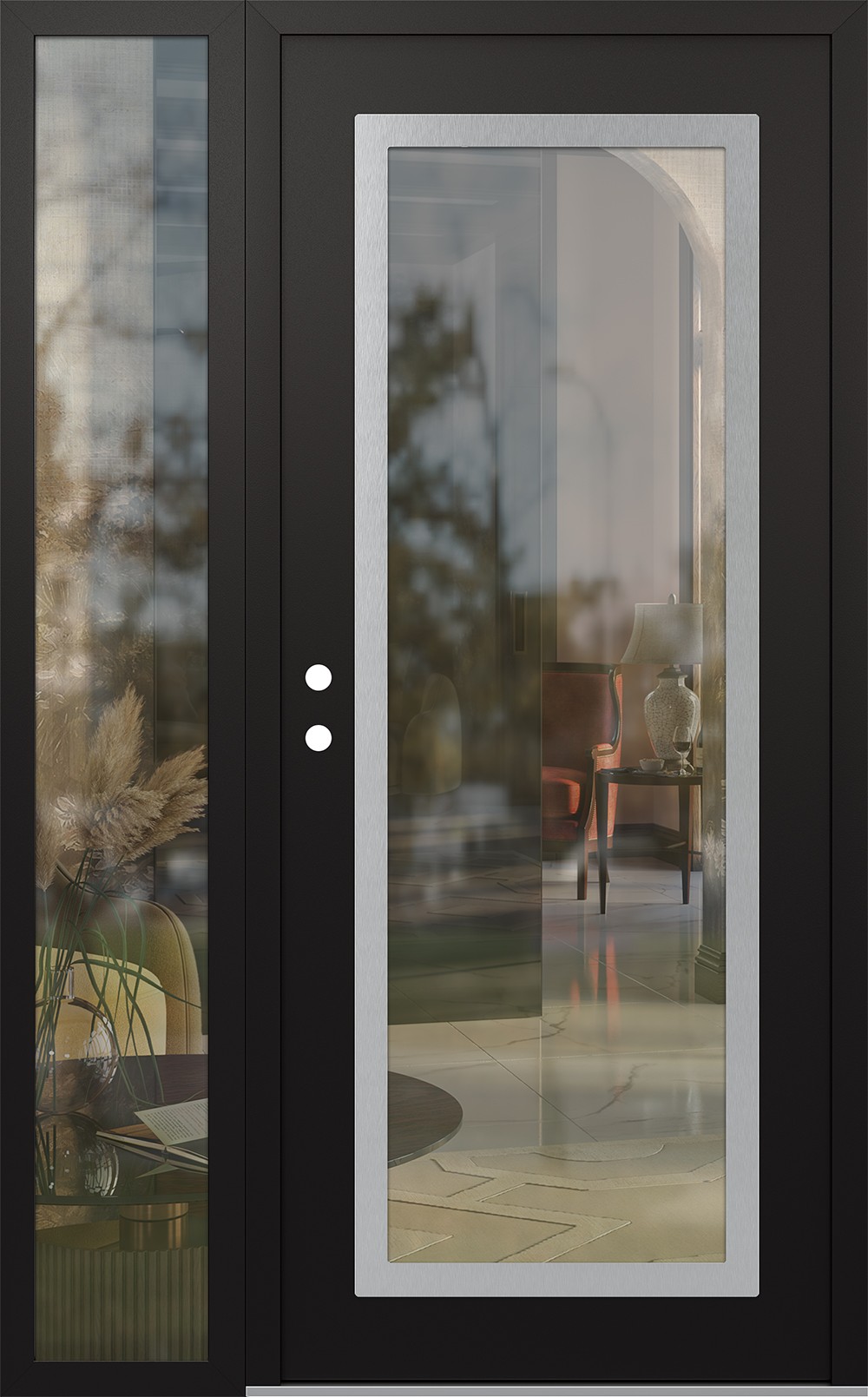 Modern Steel Front Door Diamond C1 52" x 80" black/black clear Glass Panel stainless steel RHI with Sidelite clear Glass