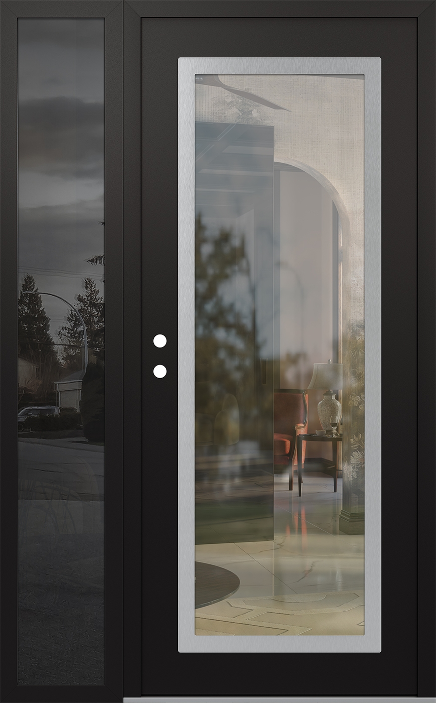 Modern Steel Front Door Diamond C1 52" x 80" black/black clear Glass Panel stainless steel RHI with Sidelite mirrored Glass