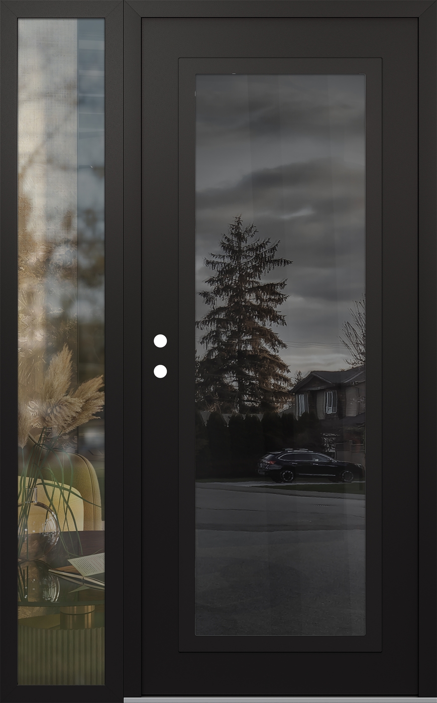 Modern Steel Front Door Diamond C1 52" x 80" black/black mirrored Glass Panel black RHI with Sidelite clear Glass