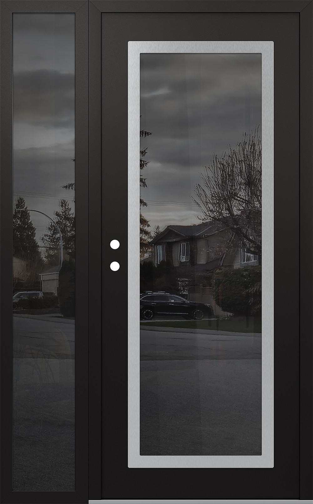 Modern Steel Front Door Diamond C1 52" x 80" black/black mirrored Glass Panel stainless steel RHI with Sidelite mirrored Glass