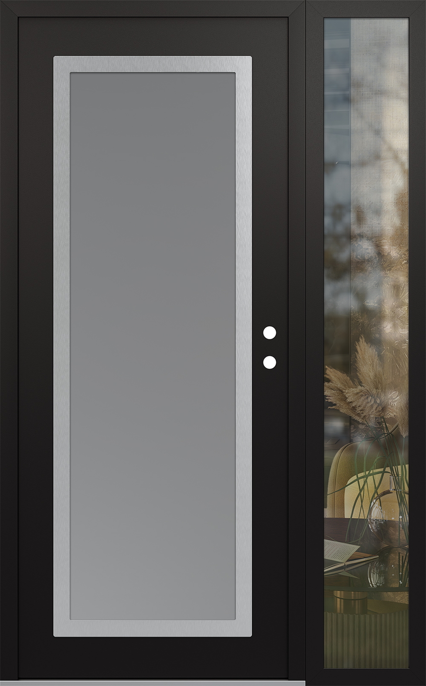 Modern Steel Front Door Diamond C1 52" x 80" black/white frosted Glass Panel stainless steel LHI with Sidelite clear Glass