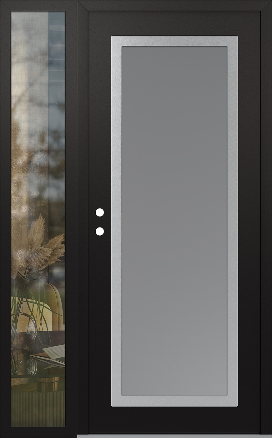 Modern Steel Front Door Diamond C1 52" x 80" black/white frosted Glass Panel stainless steel RHI with Sidelite clear Glass
