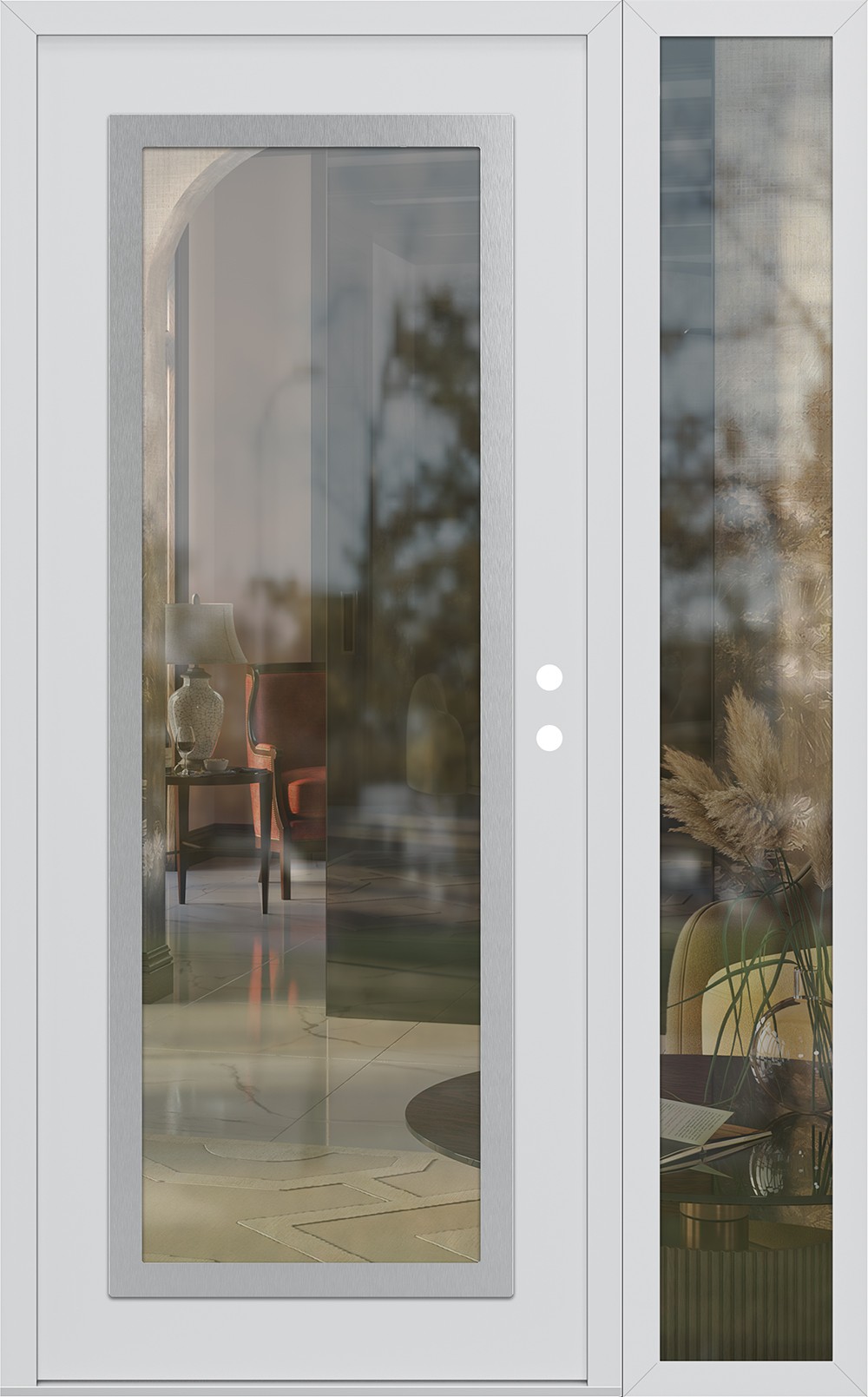Modern Steel Front Door Diamond C1 52" x 80" white/white clear Glass Panel stainless steel LHI with Sidelite clear Glass