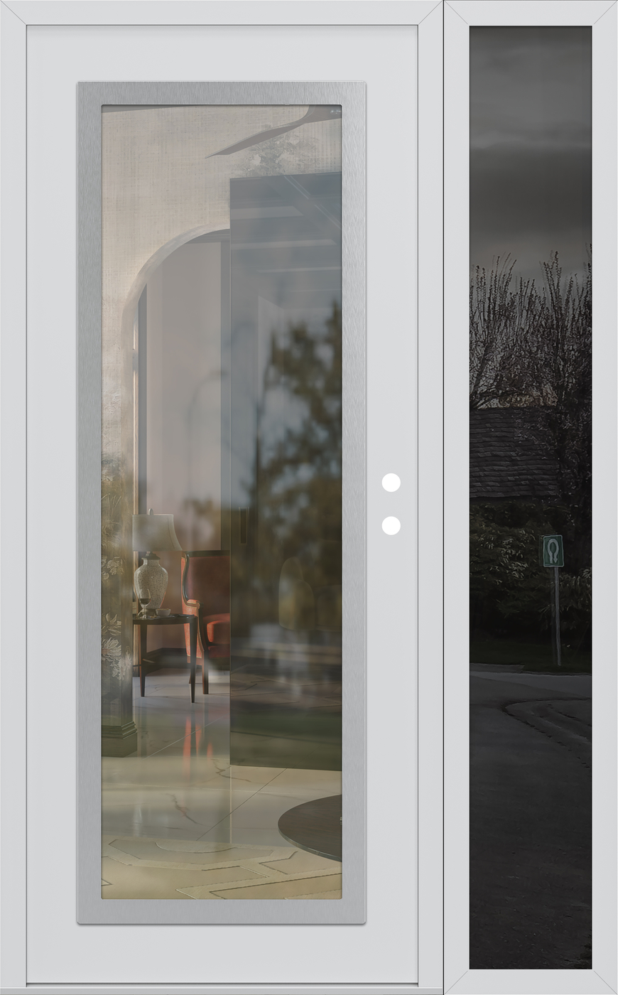 Modern Steel Front Door Diamond C1 52" x 80" white/white clear Glass Panel stainless steel LHI with Sidelite mirrored Glass