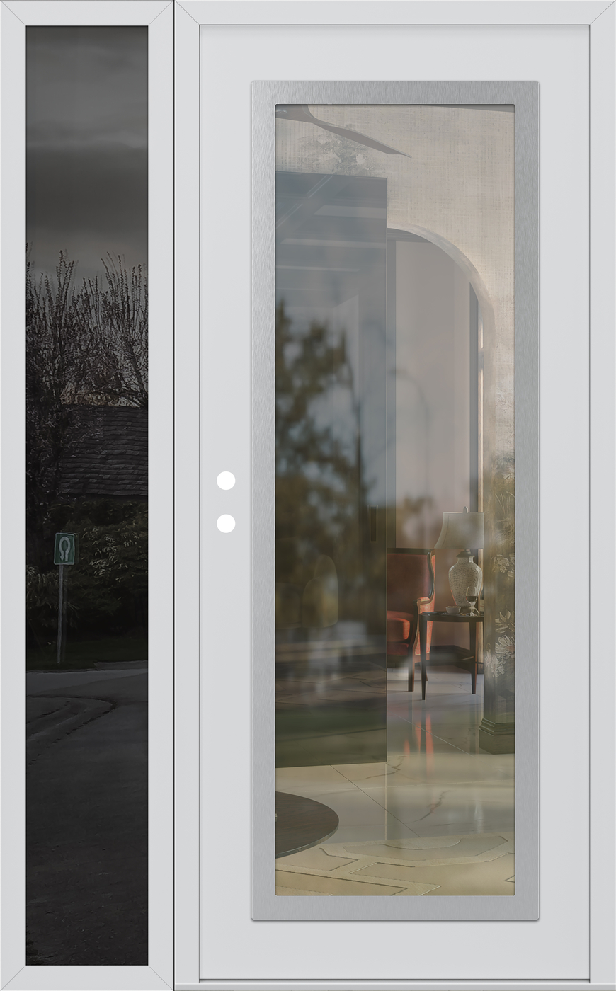 Modern Steel Front Door Diamond C1 52" x 80" white/white clear Glass Panel stainless steel RHI with Sidelite mirrored Glass