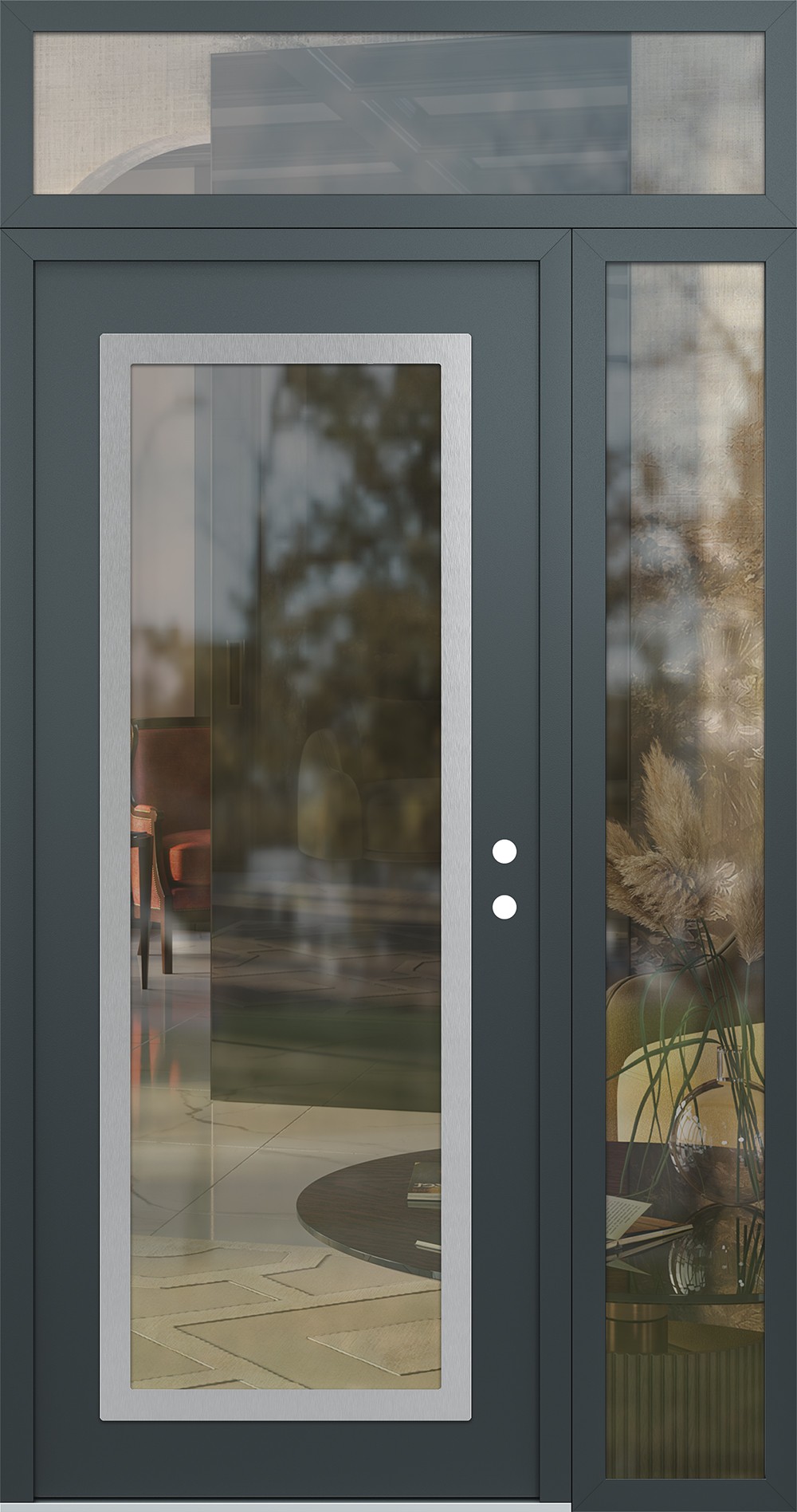 Modern Steel Front Door Diamond C1 52" x 96" anthracite/anthracite clear Glass Panel stainless steel LHI with Sidelite and Transom clear Glass