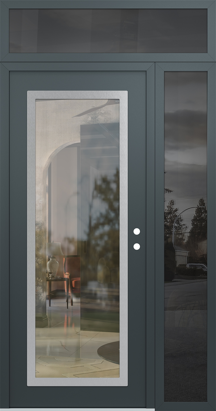 Modern Steel Front Door Diamond C1 52" x 96" anthracite/anthracite clear Glass Panel stainless steel LHI with Sidelite and Transom mirrored Glass