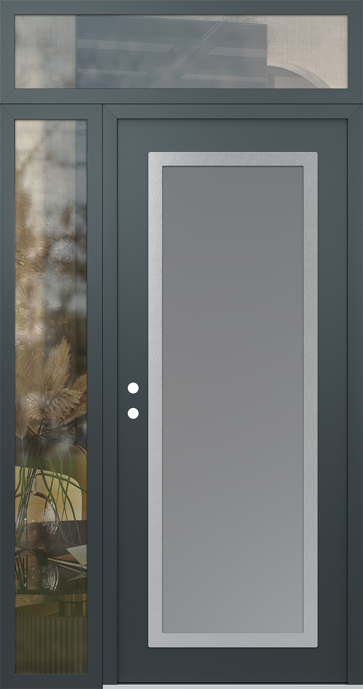 Modern Steel Front Door Diamond C1 52" x 96" anthracite/anthracite frosted Glass Panel stainless steel RHI with Sidelite and Transom clear Glass