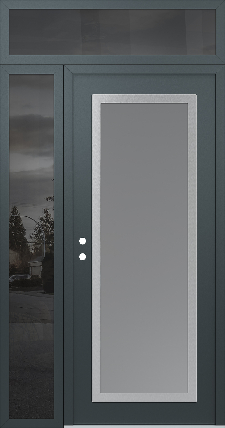 Modern Steel Front Door Diamond C1 52" x 96" anthracite/anthracite frosted Glass Panel stainless steel RHI with Sidelite and Transom mirrored Glass