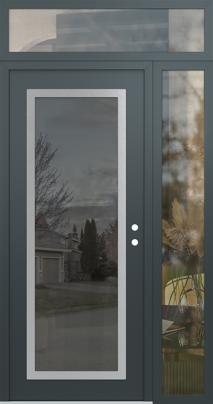 Modern Steel Front Door Diamond C1 52" x 96" anthracite/anthracite mirrored Glass Panel stainless steel LHI with Sidelite and Transom clear Glass