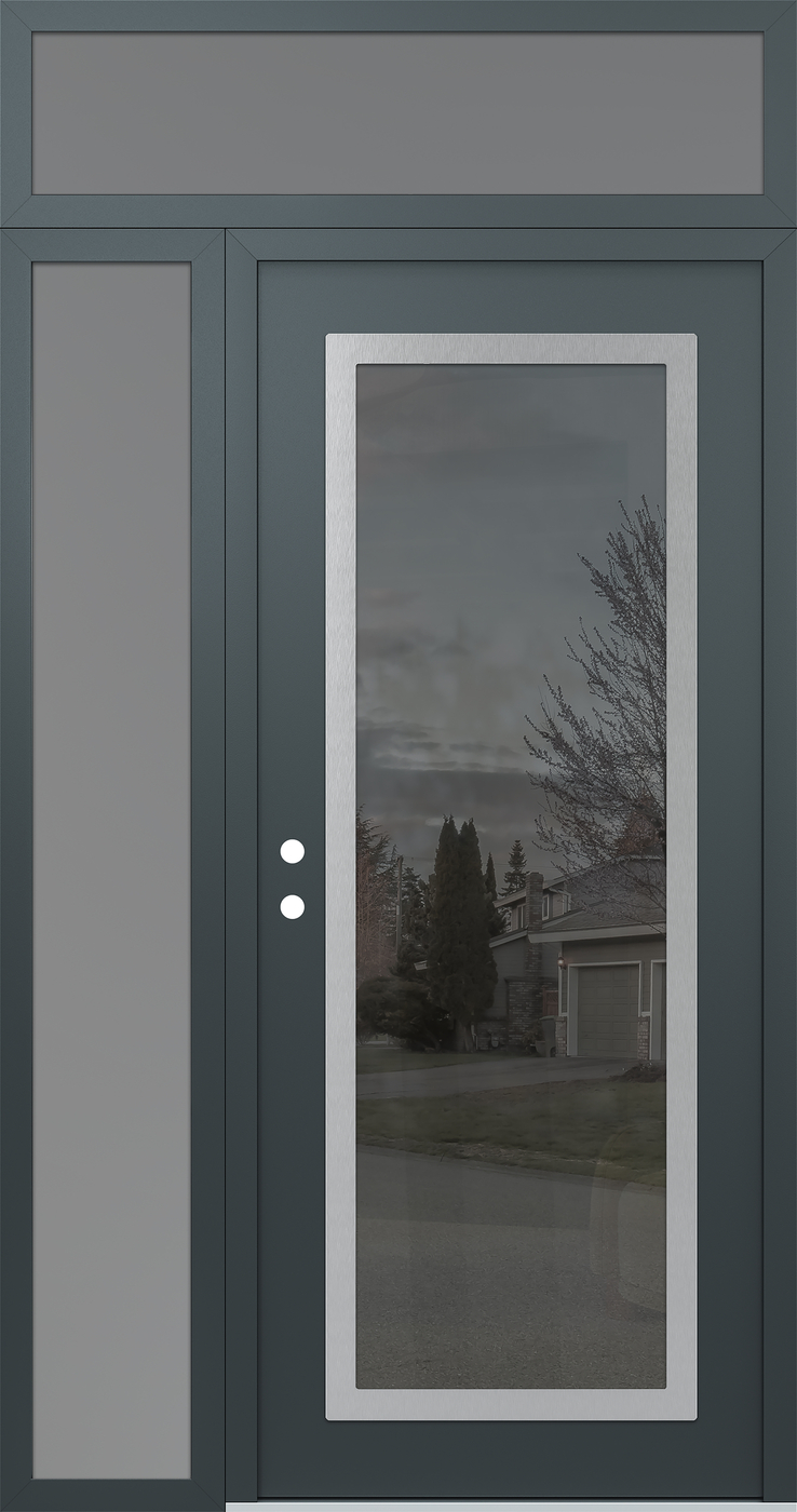 Modern Steel Front Door Diamond C1 52" x 96" anthracite/anthracite mirrored Glass Panel stainless steel RHI with Sidelite and Transom frosted Glass