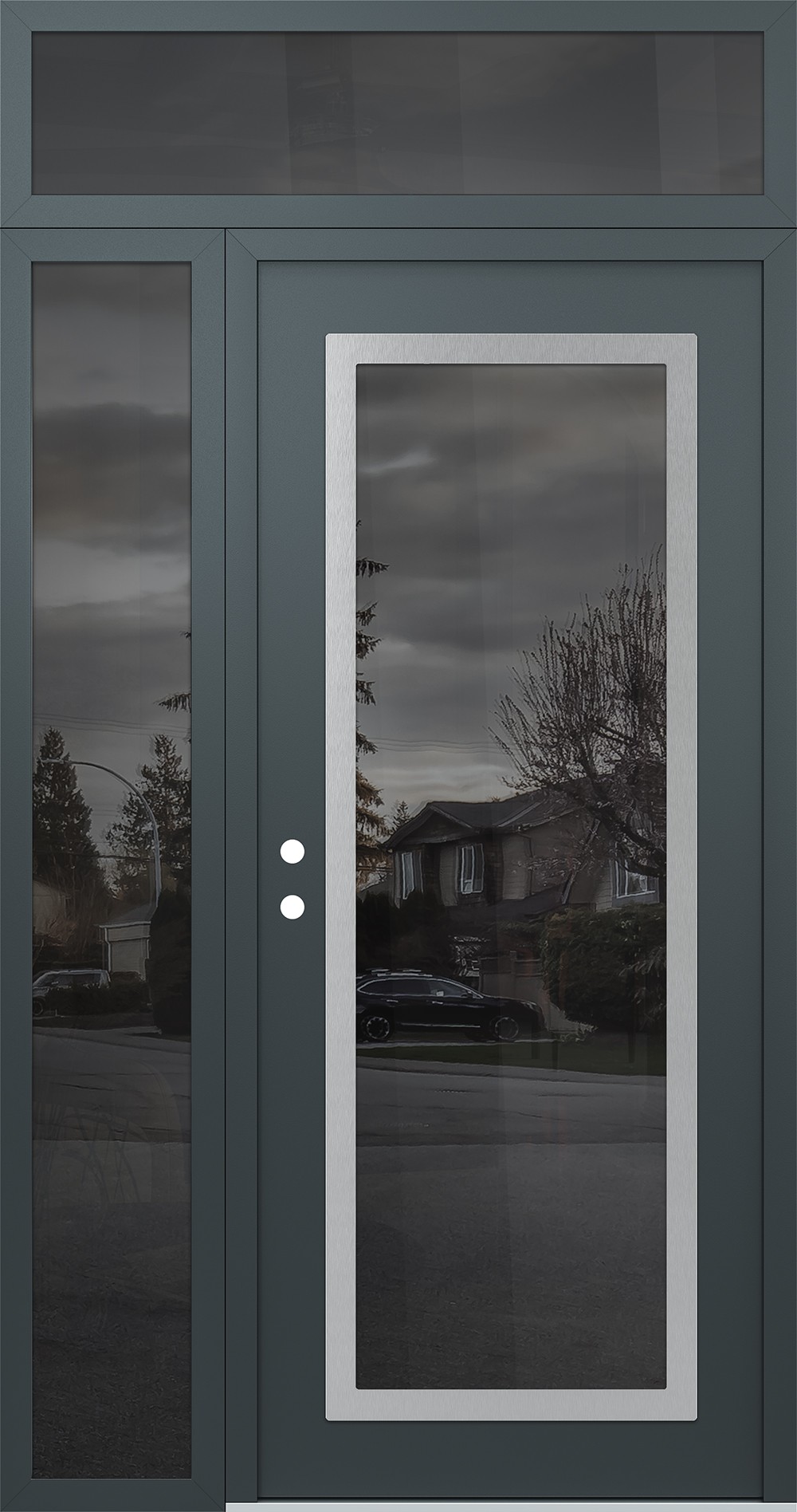 Modern Steel Front Door Diamond C1 52" x 96" anthracite/anthracite mirrored Glass Panel stainless steel RHI with Sidelite and Transom mirrored Glass
