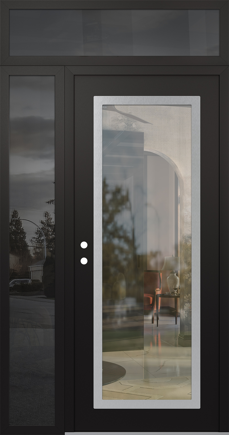 Modern Steel Front Door Diamond C1 52" x 96" black/black clear Glass Panel stainless steel RHI with Sidelite and Transom mirrored Glass