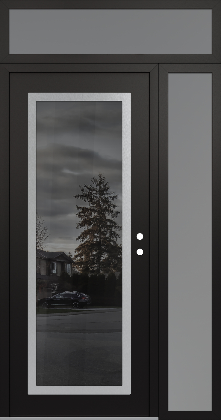 Modern Steel Front Door Diamond C1 52" x 96" black/black mirrored Glass Panel stainless steel LHI with Sidelite and Transom frosted Glass