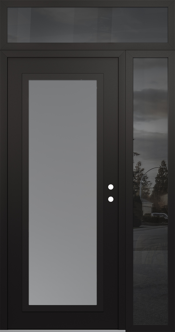 Modern Steel Front Door Diamond C1 52" x 96" black/white frosted Glass Panel black LHI with Sidelite and Transom mirrored Glass