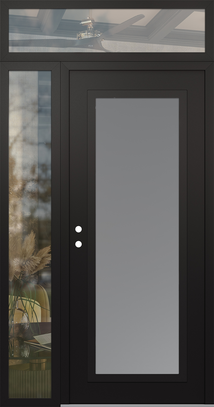 Modern Steel Front Door Diamond C1 52" x 96" black/white frosted Glass Panel black RHI with Sidelite and Transom clear Glass