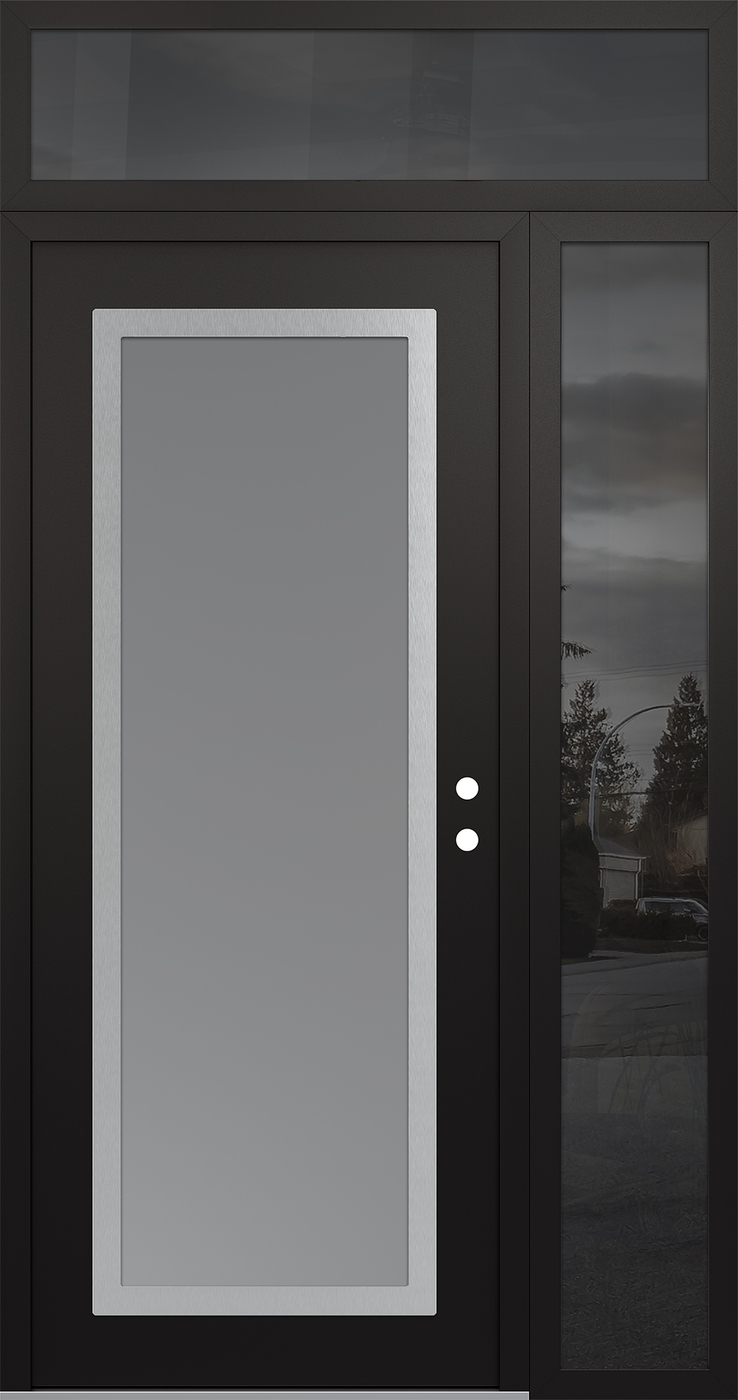 Modern Steel Front Door Diamond C1 52" x 96" black/white frosted Glass Panel stainless steel LHI with Sidelite and Transom mirrored Glass