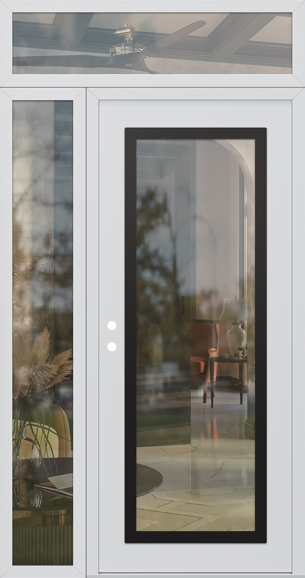 Modern Steel Front Door Diamond C1 52" x 96" white/white clear Glass Panel black RHI with Sidelite and Transom clear Glass
