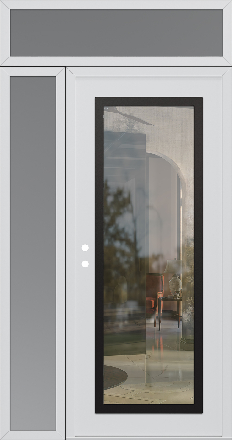 Modern Steel Front Door Diamond C1 52" x 96" white/white clear Glass Panel black RHI with Sidelite and Transom frosted Glass