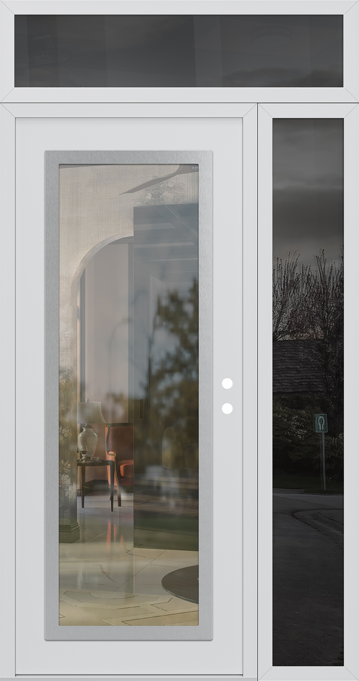 Modern Steel Front Door Diamond C1 52" x 96" white/white clear Glass Panel stainless steel LHI with Sidelite and Transom mirrored Glass