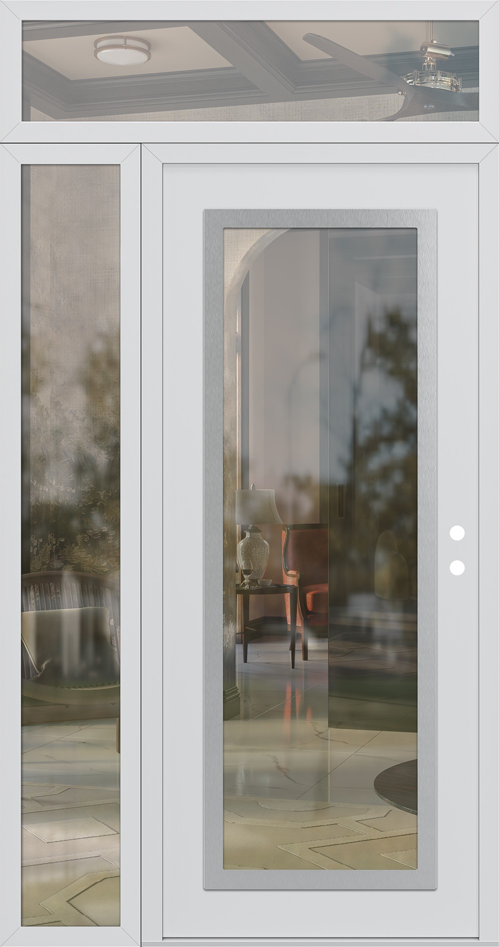 Modern Steel Front Door Diamond C1 52" x 96" white/white clear Glass Panel stainless steel RHI with Sidelite and Transom clear Glass