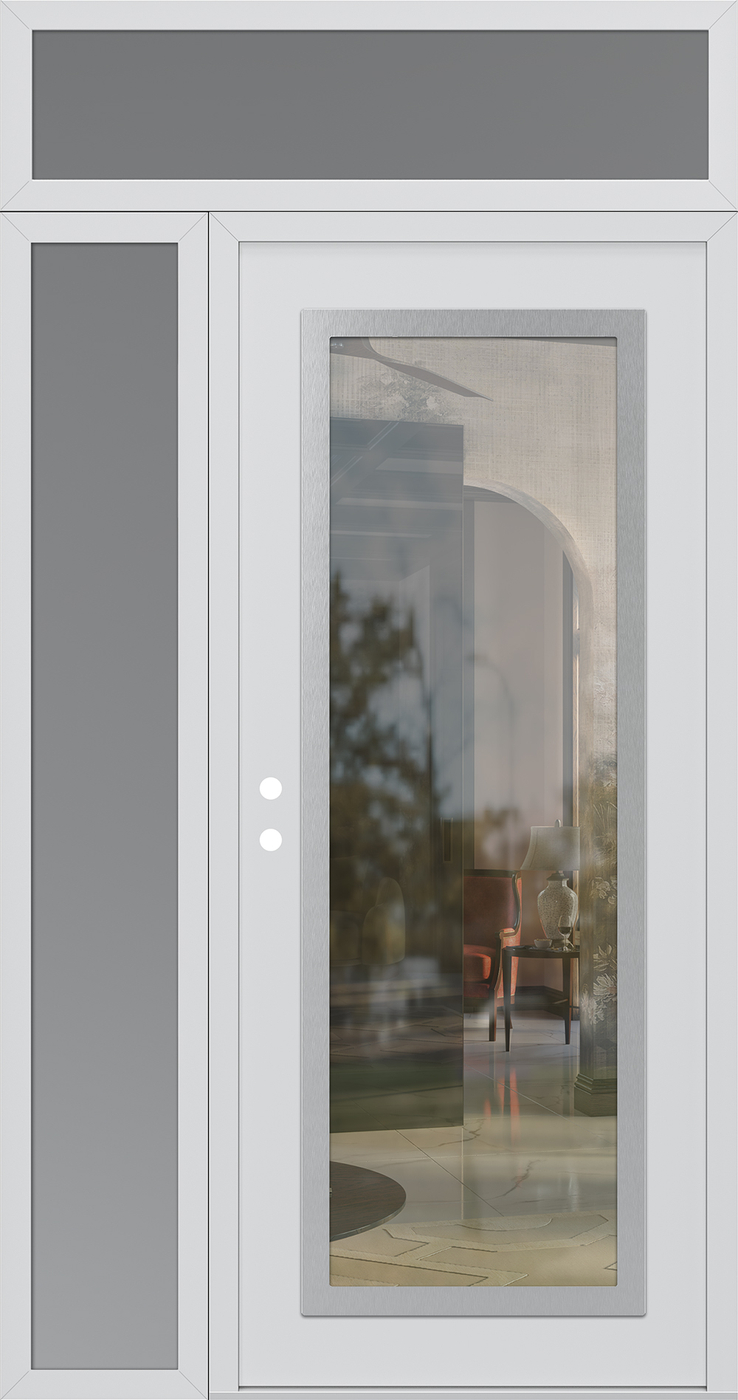 Modern Steel Front Door Diamond C1 52" x 96" white/white clear Glass Panel stainless steel RHI with Sidelite and Transom frosted Glass