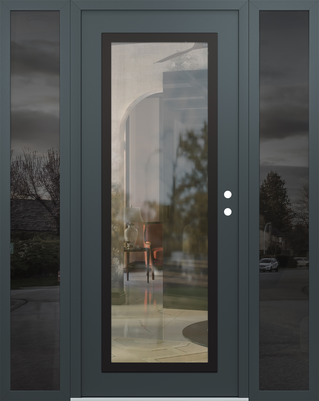 Modern Steel Front Door Diamond C1 60" x 80" anthracite/anthracite clear Glass Panel black LHI with 2 Sidelites mirrored Glass
