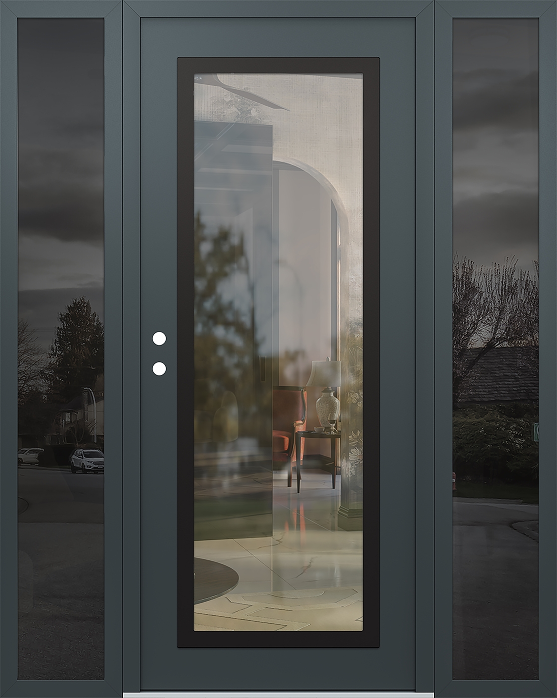 Modern Steel Front Door Diamond C1 60" x 80" anthracite/anthracite clear Glass Panel black RHI with 2 Sidelites mirrored Glass