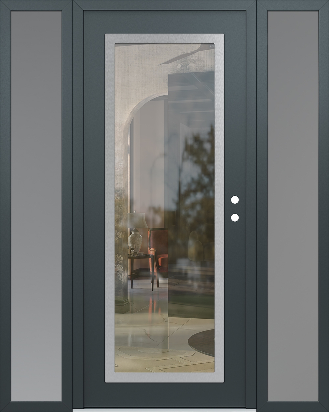 Modern Steel Front Door Diamond C1 60" x 80" anthracite/anthracite clear Glass Panel stainless steel LHI with 2 Sidelites frosted Glass